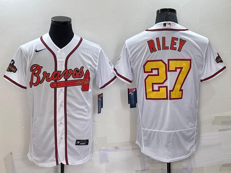 Atlanta Braves #27 Austin Riley White Gold 2021 World Series Champions Stitched MLB Flex Base Jersey