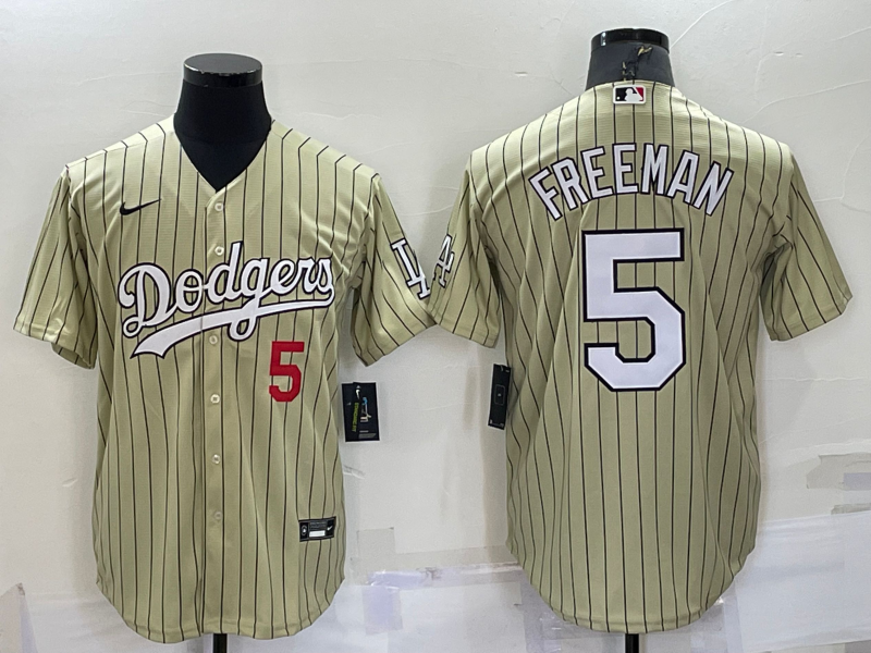 Los Angeles Dodgers #5 Freddie Freeman Number Cream Pinstripe Stitched MLB Cool Base Nike Jersey