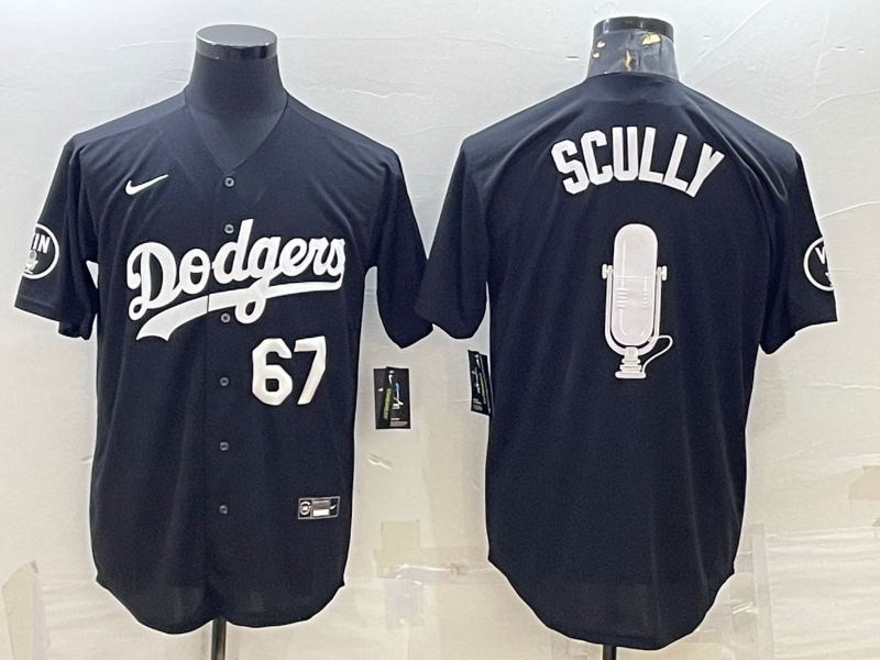 Los Angeles Dodgers #67 Vin Scully Black White Big Logo With Vin Scully Patch Stitched Jersey