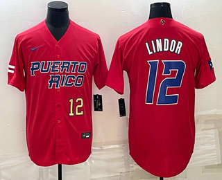 Puerto Rico Baseball Team #12 Francisco Lindor Number 2023 Red World Baseball Classic Stitched Jerse