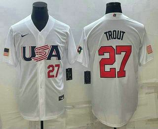 USA Baseball Team #27 Mike Trout Number 2023 White World Baseball Classic Replica Stitched Jersey