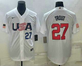 USA Baseball Team #27 Mike Trout Number 2023 White World Baseball Classic Replica Stitched Jersey