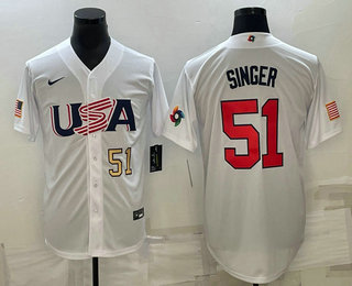 USA Baseball Team #51 Brady Singer Number 2023 White World Baseball Classic Stitched Jerseys