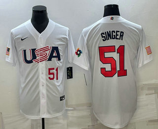 USA Baseball Team #51 Brady Singer Number 2023 White World Baseball Classic Stitched Jersey