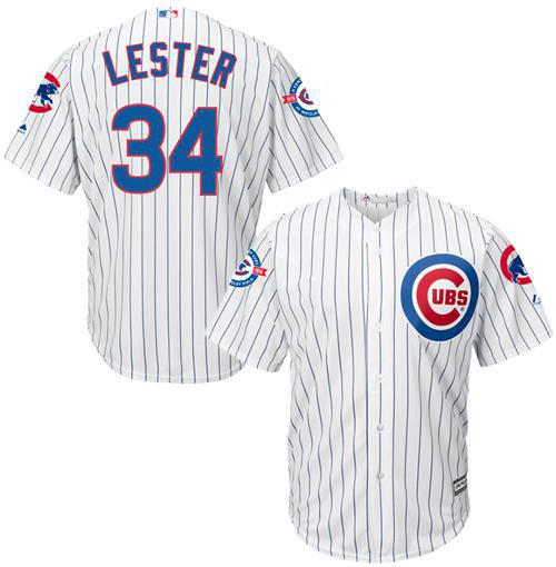 Cubs #34 Jon Lester White Strip New Cool Base with 100 Years at Wrigley Field Commemorative Patch St