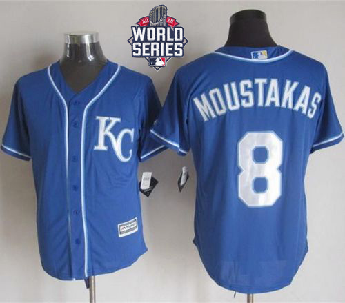 Royals #8 Mike Moustakas Blue Alternate 2 New Cool Base W/2015 World Series Patch Stitched MLB Jerse