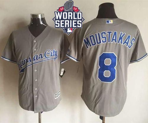 Royals #8 Mike Moustakas New Grey Cool Base W/2015 World Series Patch Stitched MLB Jersey