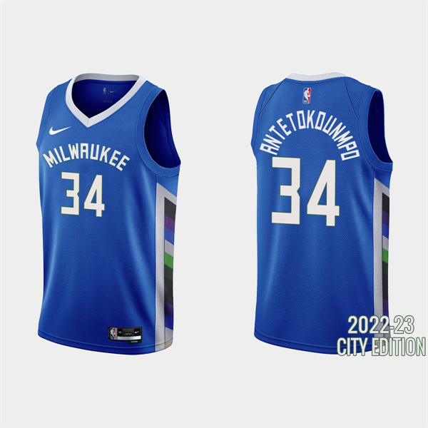 Milwaukee Bucks #34 Giannis Antetokounmpo 2022-23 City Edition Blue Stitched Basketball Jersey