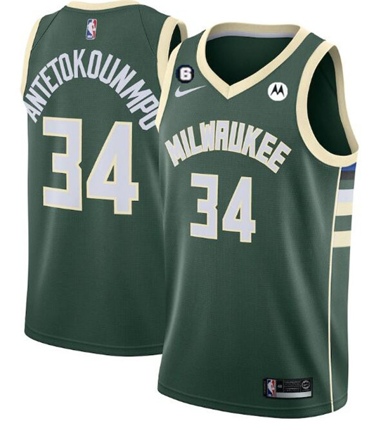 Milwaukee Bucks #34 Giannis Antetokounmpo White With No.6 Patch Stitched Basketball Jersey