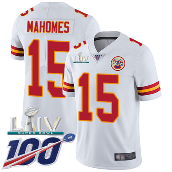 2020 Kansas City Chiefs #15 Patrick Mahomes White Super Bowl LIV 2020 Youth Stitched NFL 100th Seaso