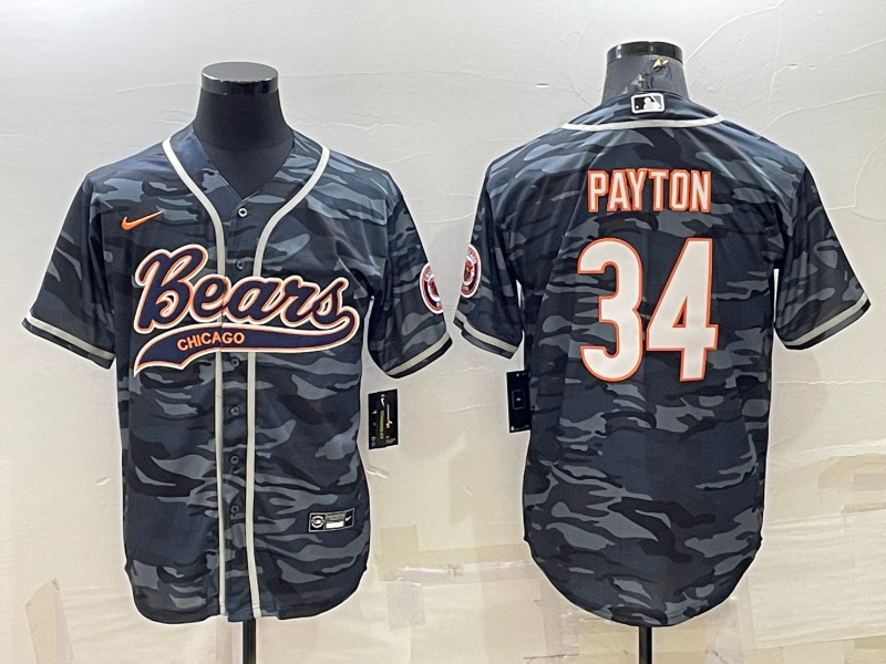 Chicago Bears Blank #34 Walter Payton Grey Camo With Patch Cool Base Stitched Baseball Jerseys