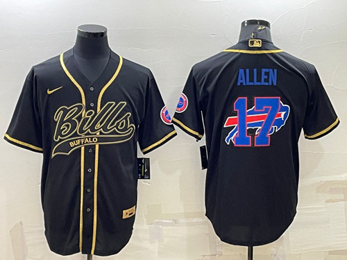 Buffalo Bills #17 Josh Allen Black Gold Team Big Logo With Patch Cool Base Stitched Baseball Jersey