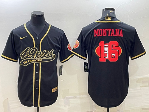 San Francisco 49ers #16 Joe Montana Black Gold Team Big Logo With Patch Cool Base Stitched Baseball