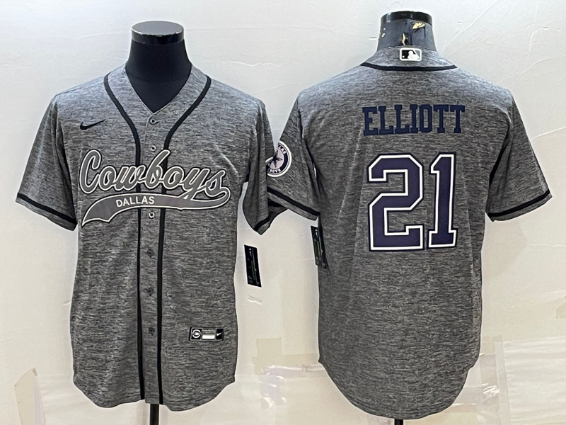 Dallas Cowboys #21 Ezekiel Elliott Grey Gridiron With Patch Cool Base Stitched Baseball Jersey