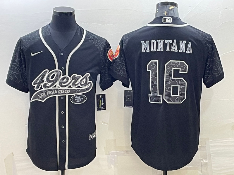 San Francisco 49ers #16 Joe Montana Black Reflective With Patch Cool Base Stitched Baseball Jersey