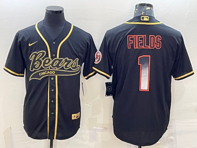 Chicago Bears #1 Justin Fields Black Gold With Patch Smoke Cool Base Stitched Baseball Jersey