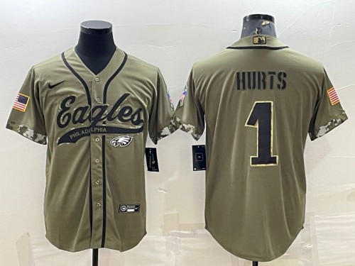 Philadelphia Eagles #1 Jalen Hurts Olive 2022 Salute To Service Cool Base Stitched Baseball Jersey