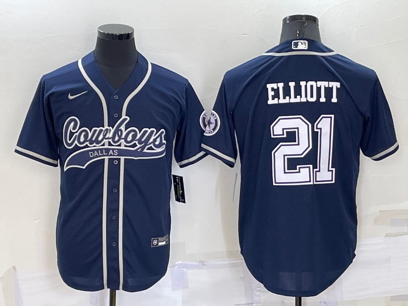 Dallas Cowboys #21 Ezekiel Elliott Navy Blue Stitched Cool Base Baseball Jersey