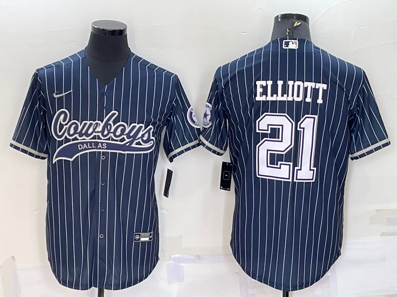 Dallas Cowboys #21 Ezekiel Elliott Navy Blue Pinstripe With Patch Cool Base Stitched Baseball Jersey