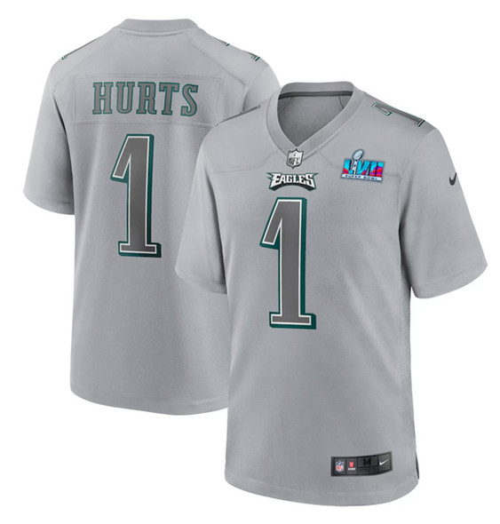 Philadelphia Eagles #1 Jalen Hurts Gray Super Bowl LVII Patch Atmosphere Fashion Stitched Game Jerse