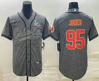 Kansas City Chiefs #95 Chris Jones Grey With Super Bowl LVII Patch Cool Base Stitched Baseball Jerse