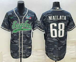 Philadelphia Eagles #68 Jordan Mailata Grey Camo With Super Bowl LVII Patch Cool Base Stitched Baseb