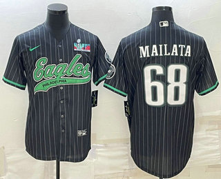 Philadelphia Eagles #68 Jordan Mailata Black Pinstripe With Super Bowl LVII Patch Cool Base Stitched